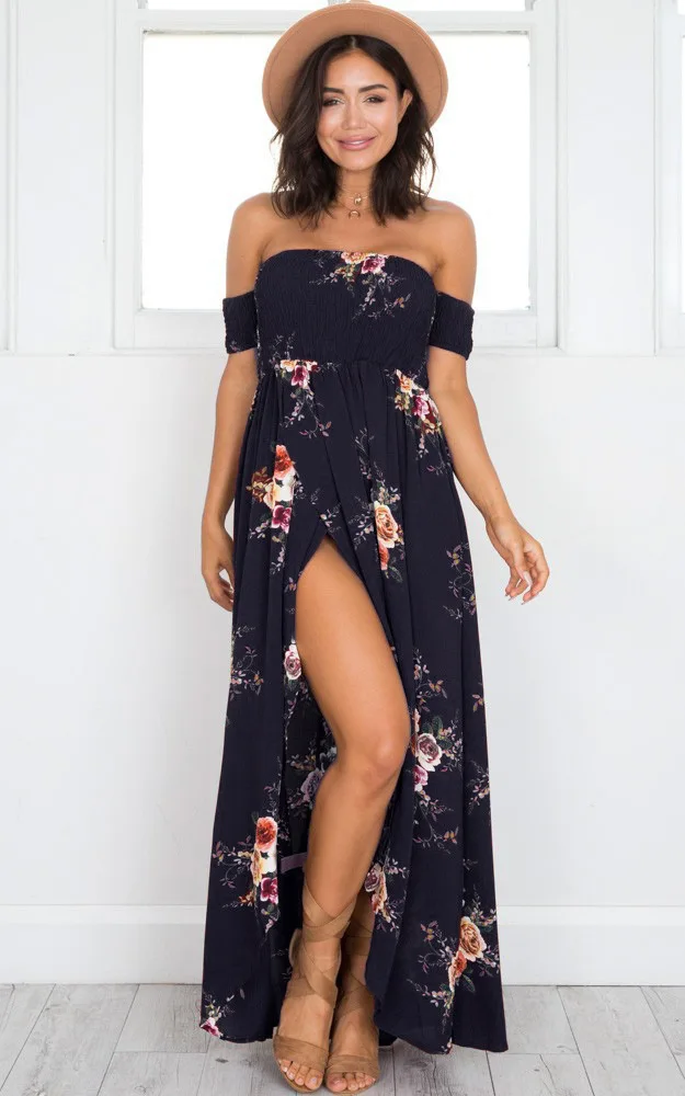 Blue Boho style long dress Floral print maxi dress