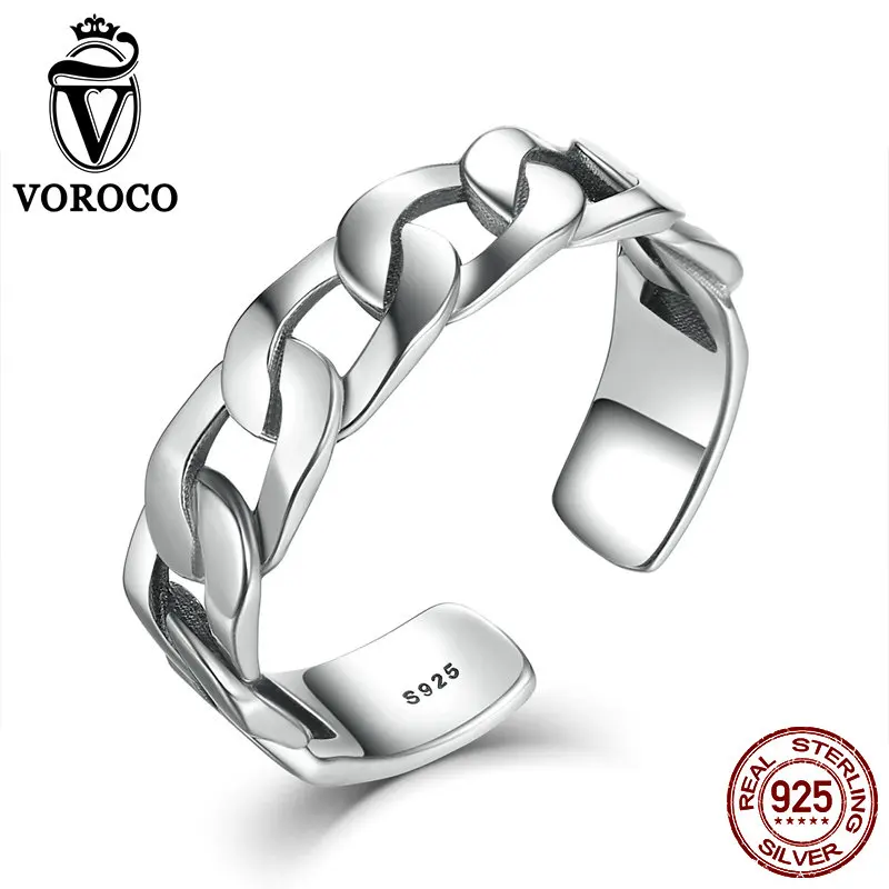 

VOROCO Authentic 925 Sterling Silver Rings Simple Strackable Twine Chain Pattern Party Cuff Ring For Women Original Fine Jewelry