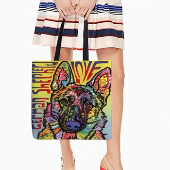 

Storage Shopping Tote Bags Colorful Pets German Shepherd Two Sides Printing White Canvas Casual Daily Use Single Shoulder Bags