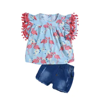 

Kid Baby Girl Summer Clothes Set Flamingo Print Tee+Denim Shorts Clothing Set Outfit