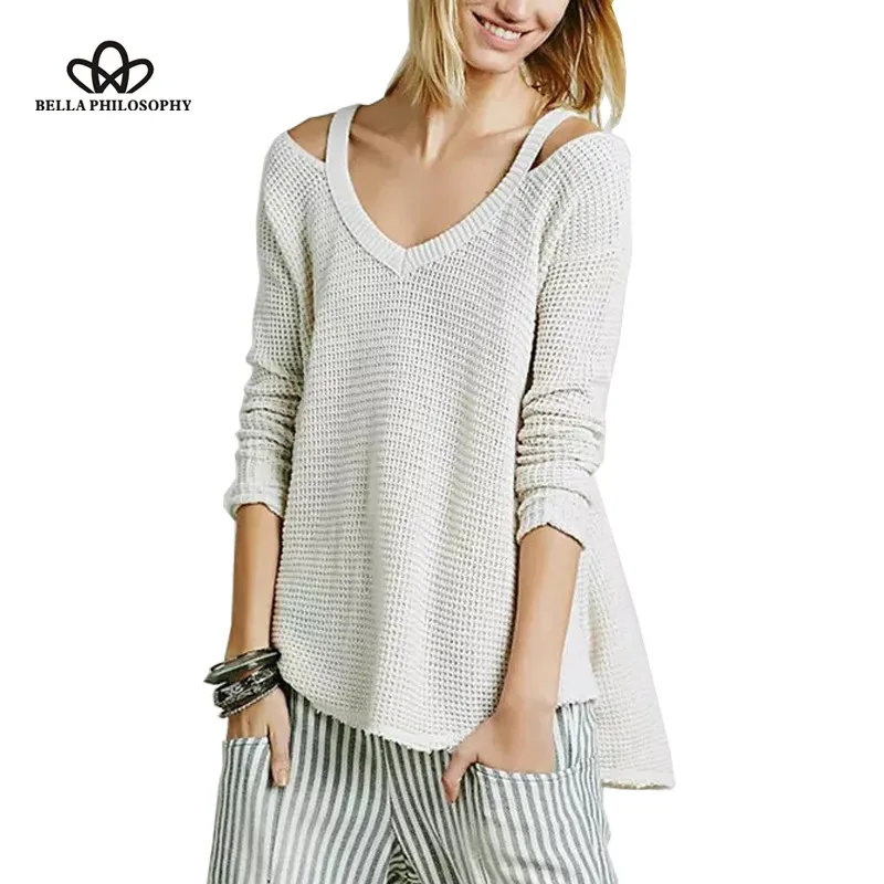 

2017 spring new women's V-neck off the shoulder knitted pullover sweater gray black beige