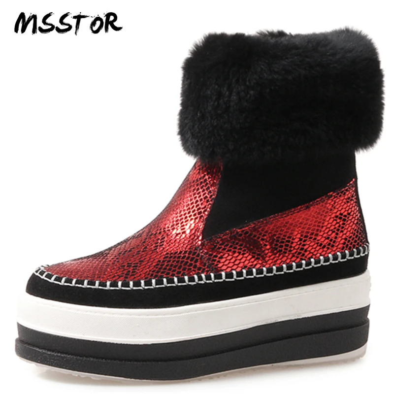 

MSSTOR Round Toe Winter Boots Women Red Wedges Gold Fashion Casual Kid Suede Slip-On Platform Shoes Mixed Colors Fur Women Boots