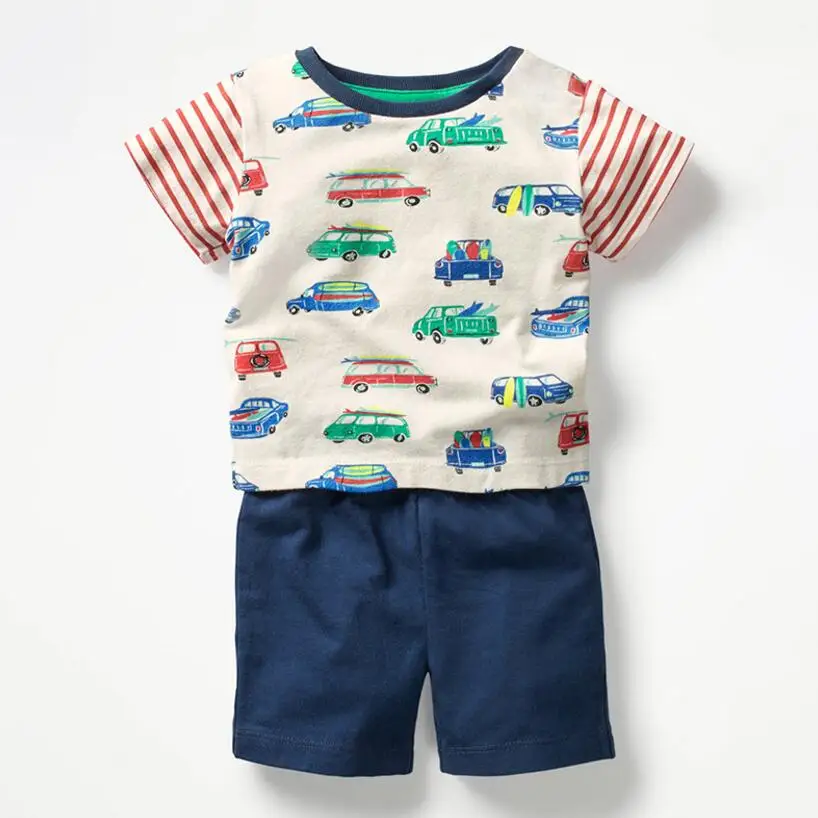 Little maven/Коллекция года; летняя одежда для маленьких мальчиков; хлопковые детские брендовые комплекты; футболка в полоску с принтом автомобиля и Кита+ шорты - Цвет: car