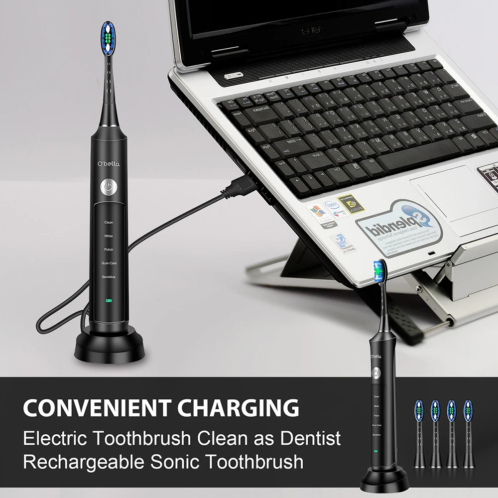 Новый O'BELLA 071B Sonic электрические зубные щётки 48000 об./мин. перезаряжаемые Oral взрослых Зубные щётки с 4 шт. DuPont сменные головки