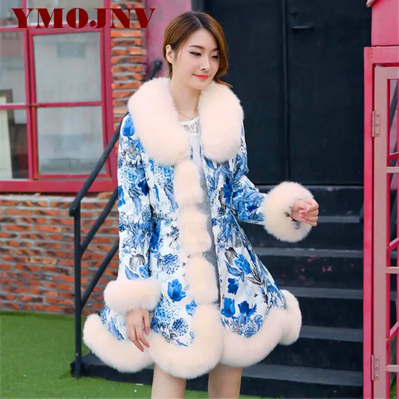 

Women's Winter Jacket 2018 New Women Parka Faux Fox Fur Coats PU Leather Printing Down Jacket Fashion Skirt Style Winter Jacket