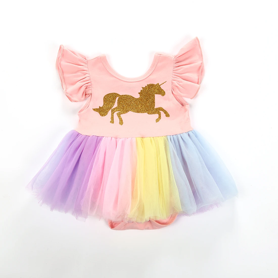 

2018 Newborn Baby Girls Unicorn Flying Sleeve Tutu Lace Dress Patchwork Colorful Cute Romper Outfits