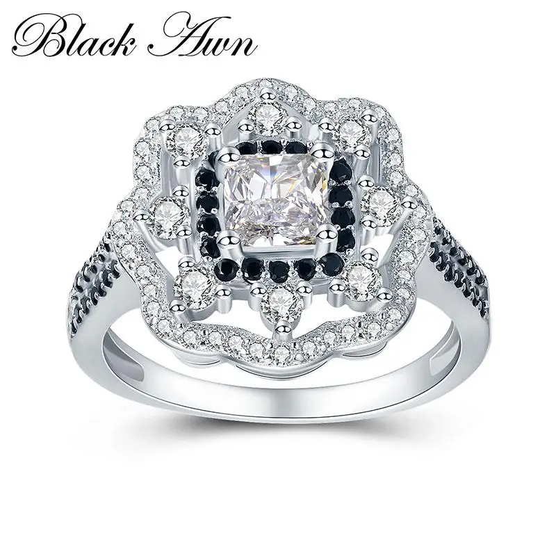 

[BLACK AWN] Flower Wedding Rings for Women 4.3g 925 Sterling Silver Jewelry Engagement Ring Bague C423