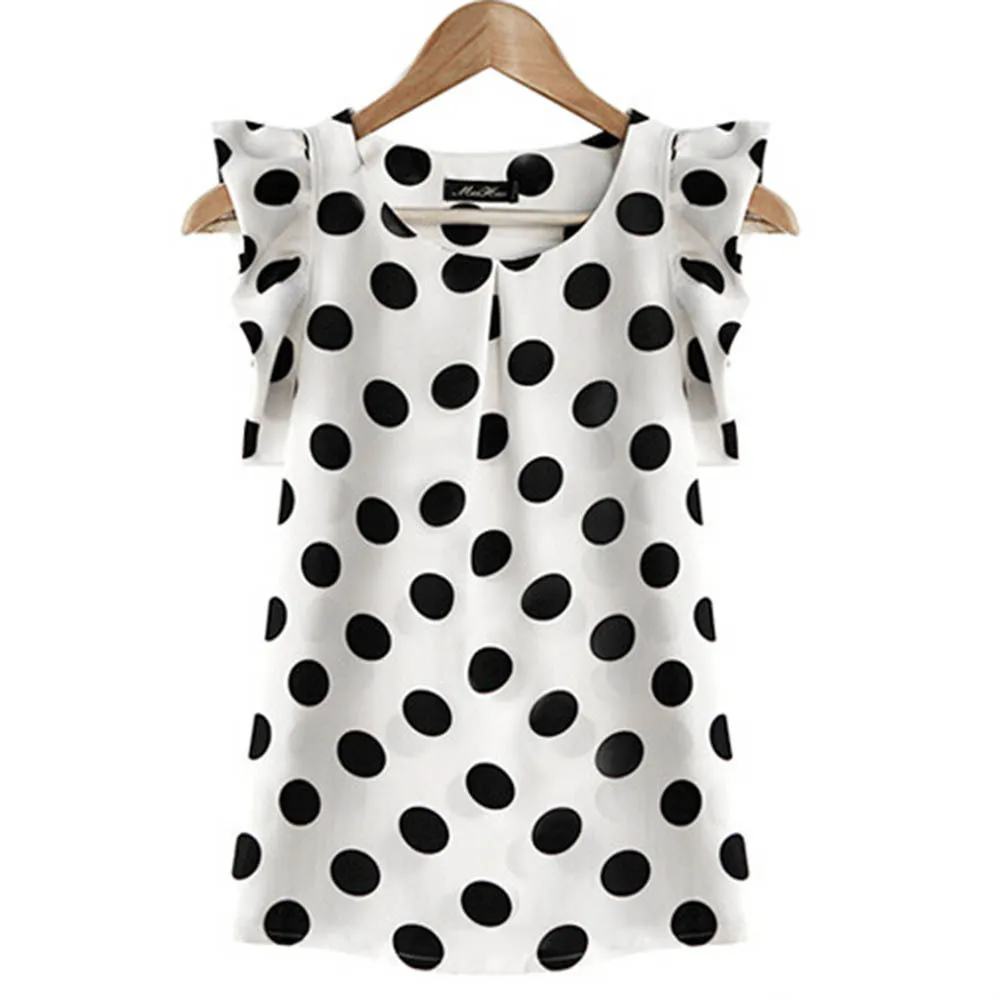 

Hot Sales New Summer Dot Print Women's Shirts Ladies Chiffon Blouse Puffed Short Sleeve Dot Print Tops Blusas Black White