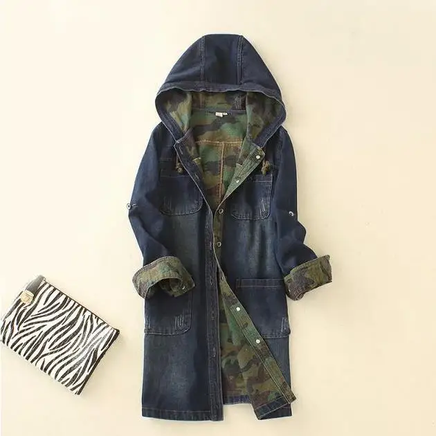 

2019 Single-breasted long denim hooded jacket camouflage high quality women denim jacket spell color Female
