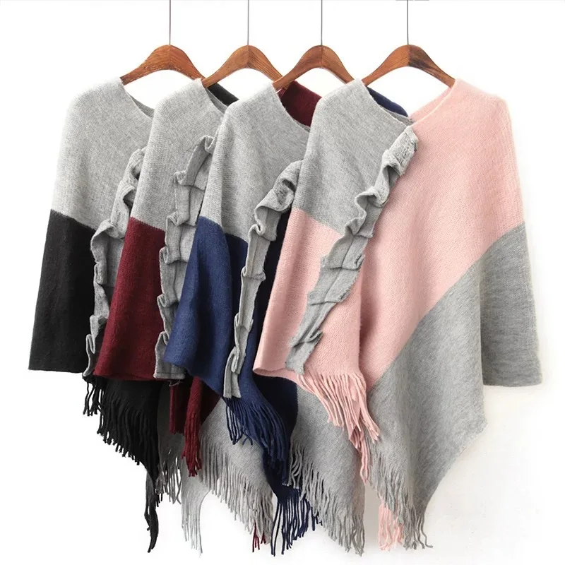 

Casual Autumn Winter Knitted Sweater Women Oversize Wooden Ear Pullover Bat Shirt Warm Irregular V-neck Tassel Cloak Shawl