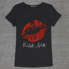 Плюс размер 4XL Летняя Новая модная женская футболка с короткими рукавами с красными губами тонкая Алмазная Горячая сверлильная хлопковая Футболка с круглым вырезом топы