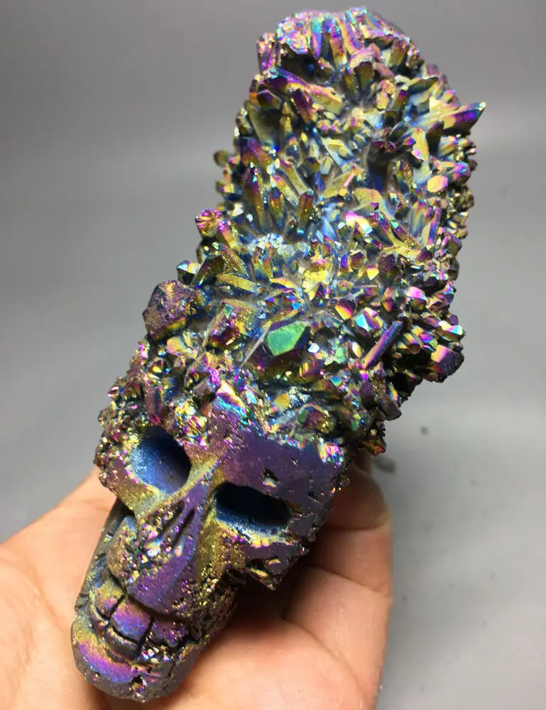 

277g PURPLE&BLUE Aura Natural Carving Skull Titanium Silicon Rainbow CRYSTAL crystal glass