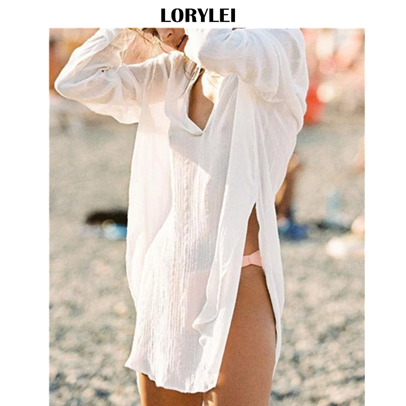 

2019 Sexy V-Neck Side Split White Cotton Tunic Beach Cover-ups Summer Dress Women Beachwear Bathing Suit Cover Up Sarongs N788