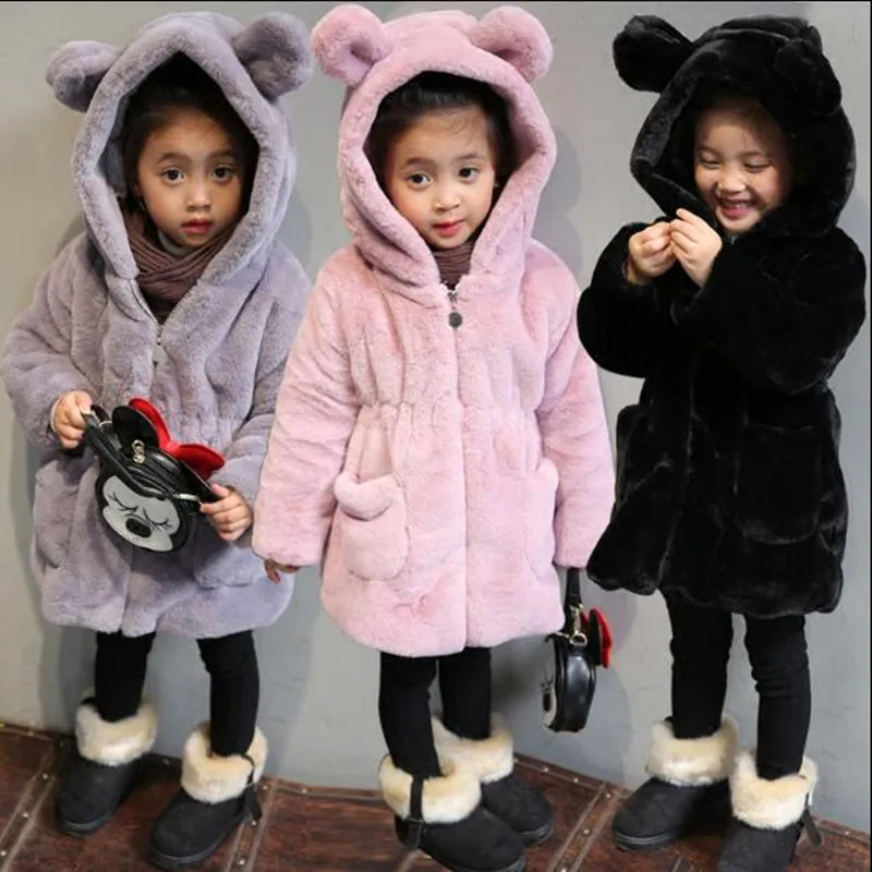 Luxury Faux Fur Coats Winter Jacket For Girls Baby Clothes Parka Children Cute Cartoon Animal Ear Hooded Outerwears N190 | Детская