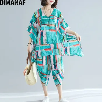 

DIMANAF Plus Size Women Sets Summer Big Size Loose Female Set Suits Cotton Linen Lady Tops Shirt Long Pants Print Striped 2019