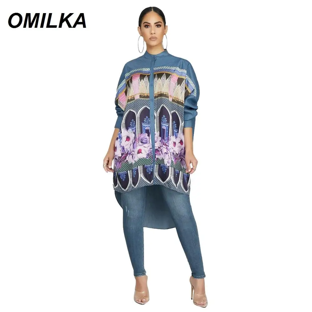 

OMILKA Cartoon Printed Jeans Shirt Dress 2019 Summer Women Long Sleeve Front Button Split Casual Loose Hi Low Blue Denim Dress