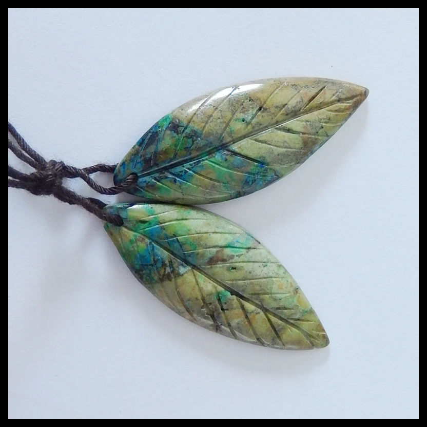 

Wholesale gemstone,Birthday gift,Natural Carved Leaves Chrysocolla Earrings,Fashion Earrings Jewelry,40x16x5mm,7.8g