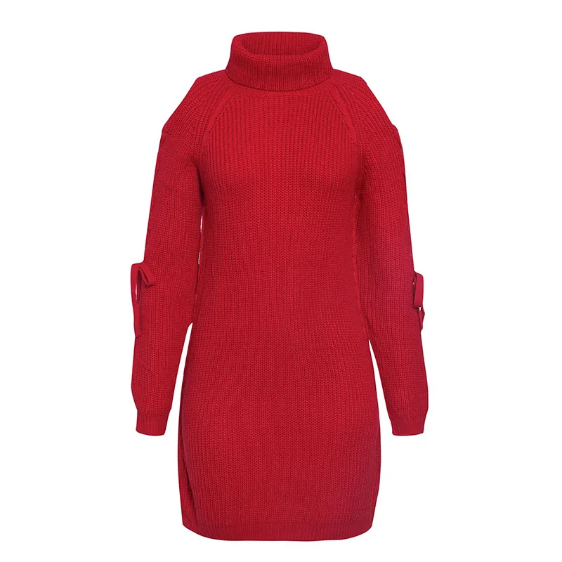 Glamaker, вязаное, на шнуровке, сексуальное платье-свитер, женское, Осеннее, элегантное, Мини Короткое платье, зимнее, с высоким воротом, с длинным рукавом, красное платье для девушек - Цвет: Красный