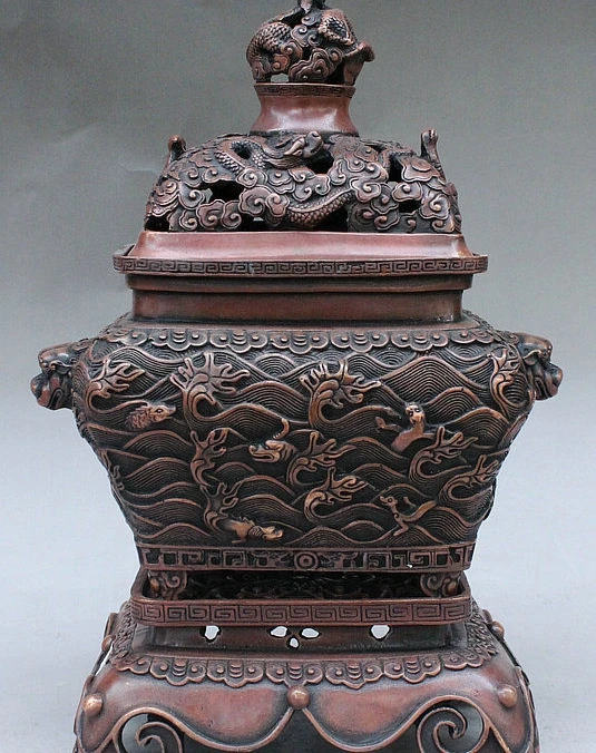 

14" Old Chinese Bronze Dragon Phoenix Beast Kylin Unicorn Incense Burner Censer