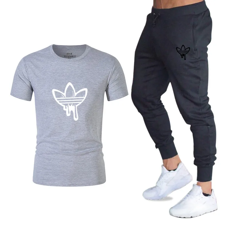 

New 2018 Fashion Men's T-Shirt Gradient Top T-Shirt Set ADI Print Men's T-Shirt + Men's Trousers Quality T-Shirt Set