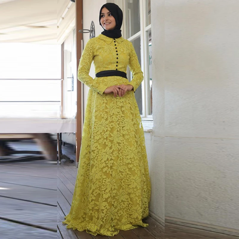 Mohammedan Islamic Muslim Evening Dress Yellow Lace Long Sleeve Modest font b Hijab b font Prom