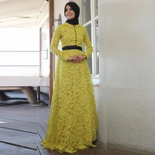 Mohammedan Islamic Muslim Evening Dress Yellow Lace Long Sleeve Modest Hijab Prom Custom Dresses Vestido de Festa Longo Cheap