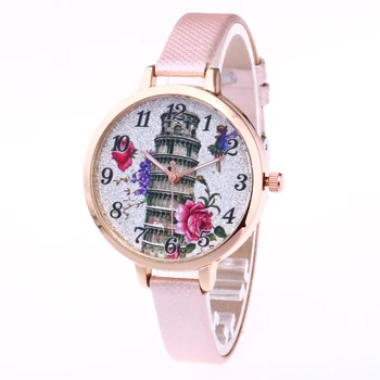 

Simple Hot Ladies Watches Girl Timer Quartz PU Leather Tower Dial Women Wristwatch Gift Clock