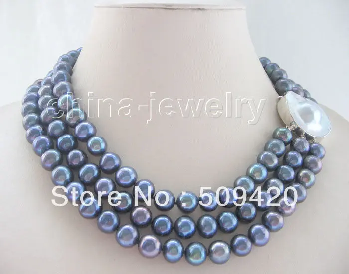 

~~ Free Shipping >>17-19" 3row 11mm black round freshwater pearl necklace