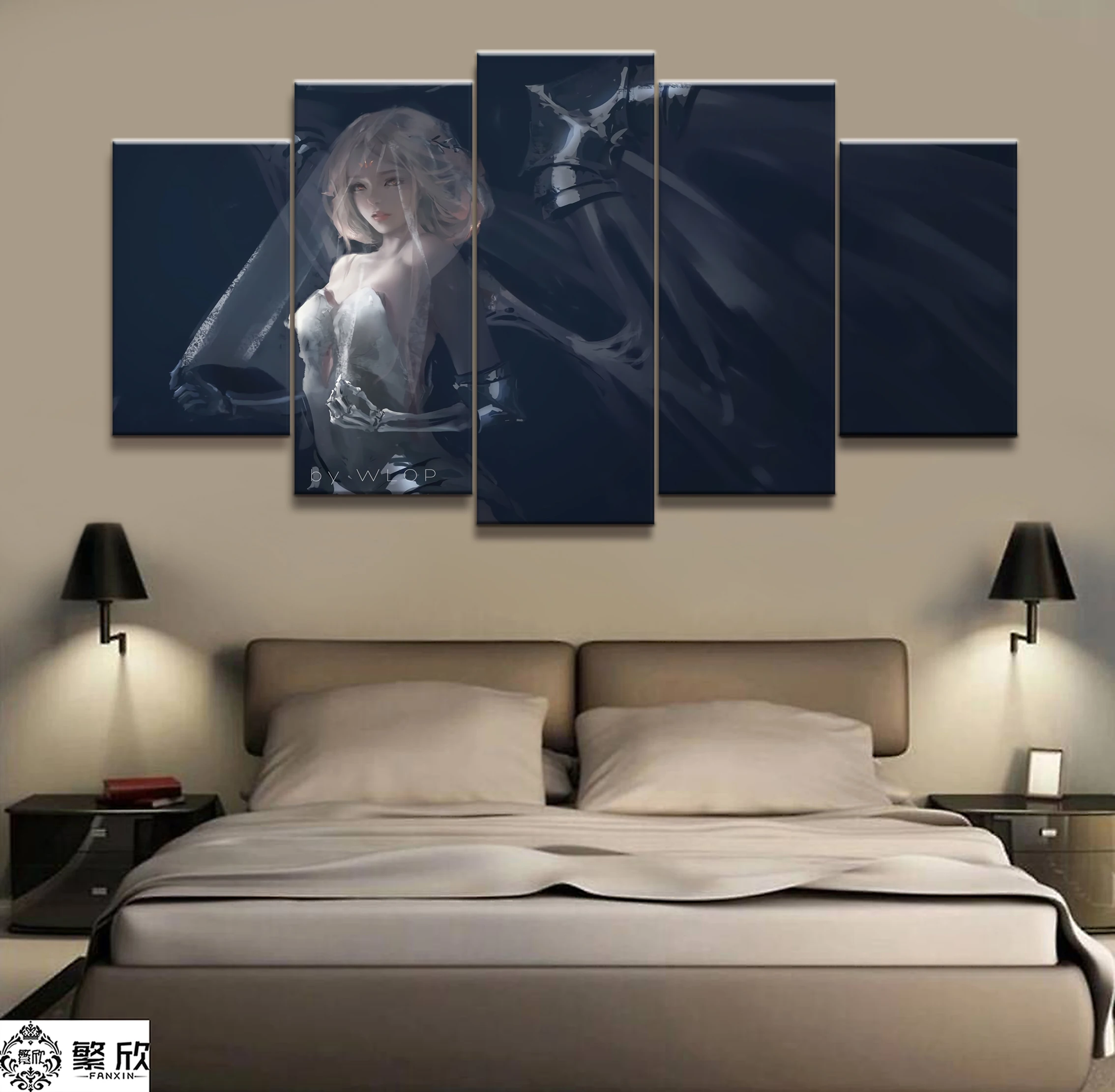 

Home Decor Modular Canvas Picture 5 Piece WLOP Ghost Blade Angel Princess Anime Painting Poster Wall For Home Canvas Wholesale