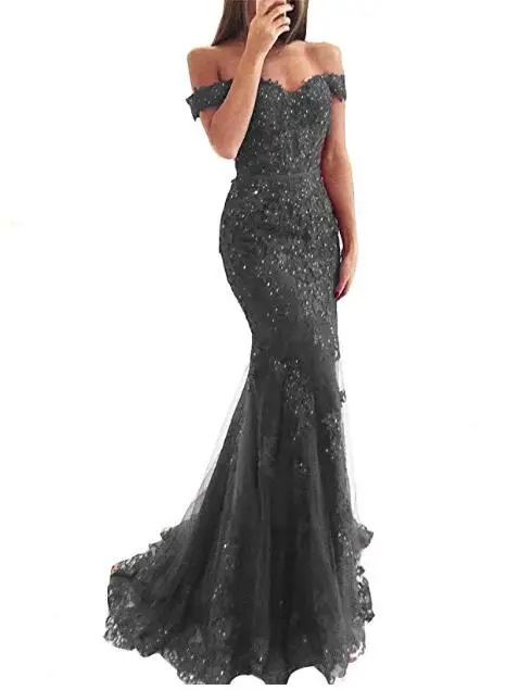 С открытыми плечами платье силуэта «русалка» жемчужное платье для выпускного вечера с кристаллами аппликация гипюровое приталенное вечернее платье вечерние платья - Цвет: Серый