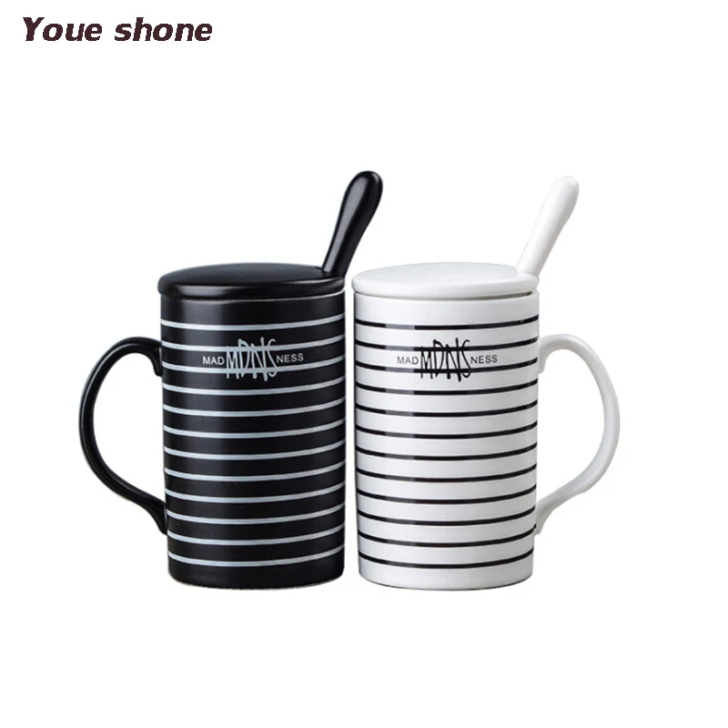 Creative Stripe Coffee Mug Black White Ceramic Mug With Lid Spoon Handle Fashion Gift Mugs