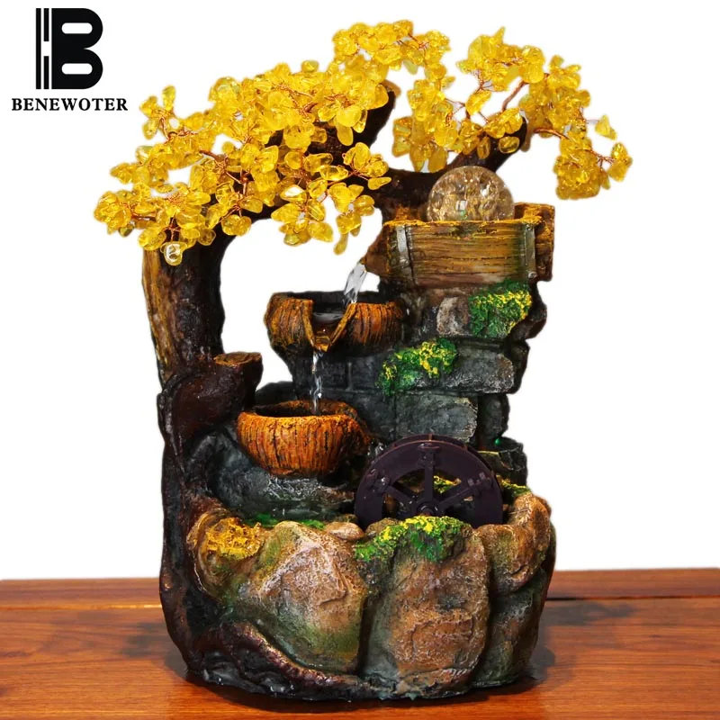 

110/220V Crystal Gold Tree Water Fountain Office Desktop Rockery Waterscape Feng Shui Decoration for Birthday Gifts Hotel Crafts