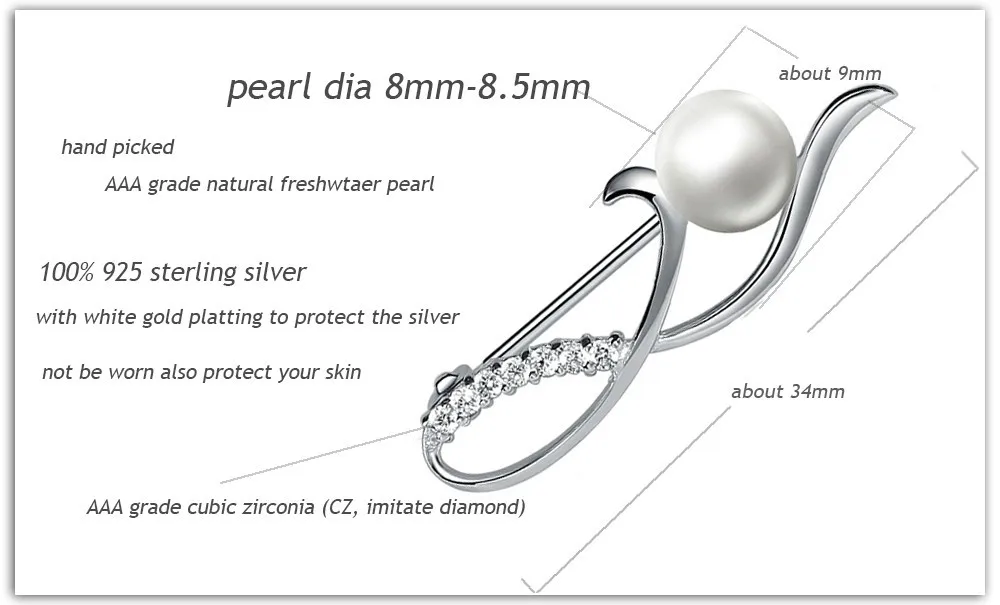 white gold platting 925 sterling silver set  AAA grade freshwater pearl classic brooches shipping free