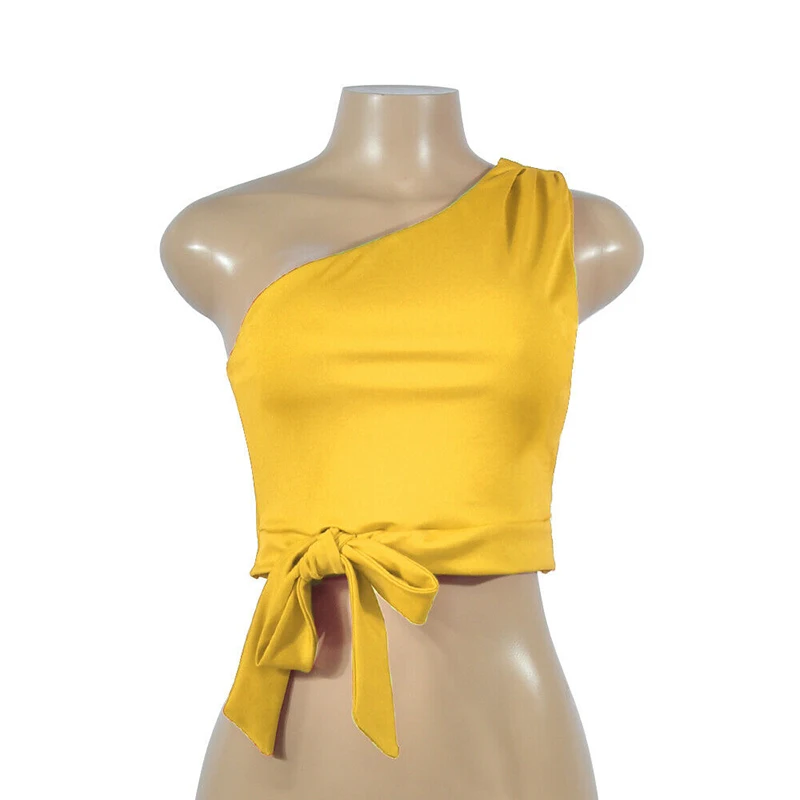 Женский сексуальный укороченный топ без рукавов, майка на одно плечо, рубашка с бандажным бантом, однотонная женская одежда, летняя мода, новинка, хит - Цвет: Цвет: желтый