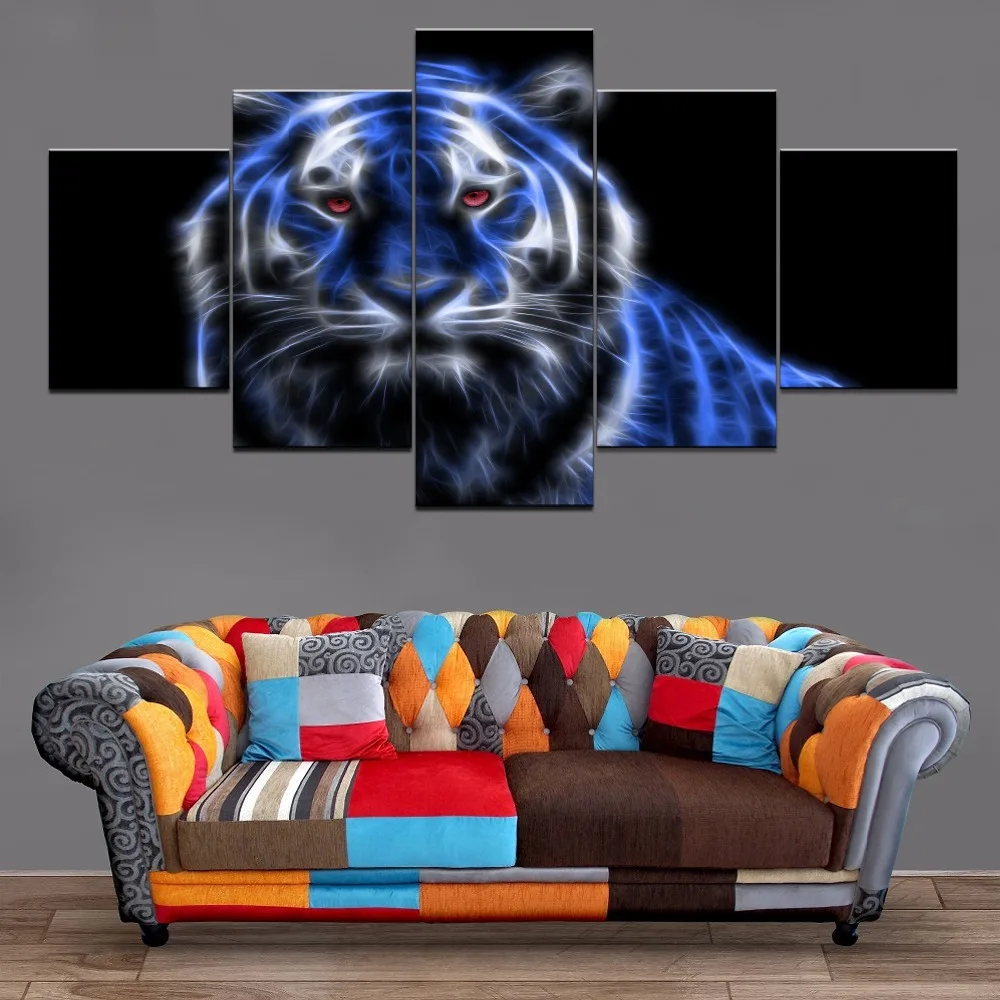 

Blue Tiger Animal Home Decor Modern Wall Decor Canvas Painting Canvas Room 5 Piece HD Print Animal Paintings Wall Art Artwork