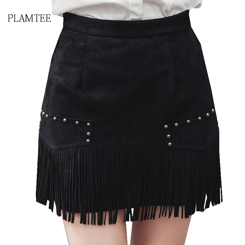 Buy Fashion Stitching Fringed Rivets Skirts All Match