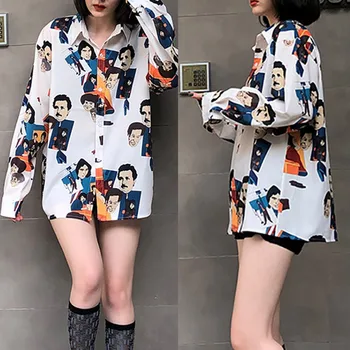 

Autumn New Fashion Women Top character Cartoon Printing Long Sleeve Turn-down Collar Lapel Casual Loose Blouse блузка женская Z4