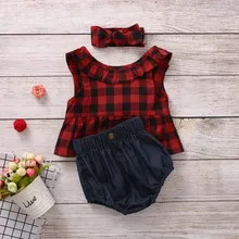 Комплект одежды для маленьких девочек, летняя клетчатая юбка, футболка Топы+ джинсовые шорты комплект одежды для новорожденных roupa de bebe terno