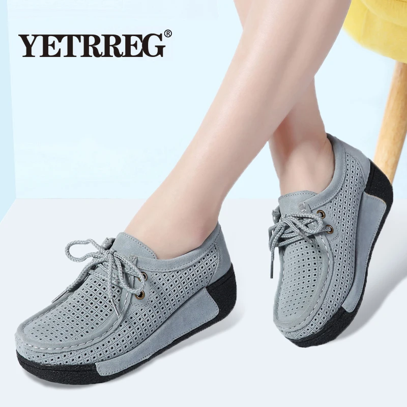 

Brand New Summer Women Suede Leather flats Women Platform Sneakers Creeper cutouts lace up casual shoes Woman Moccasins Shoes