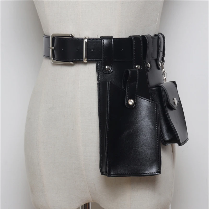 

Luxury Leather Women Fanny Pack for Phone Black Punk Waist Belt Bag Hip Hop Cowboy Bum Bag Cool Waist Packs Summer Female Purse
