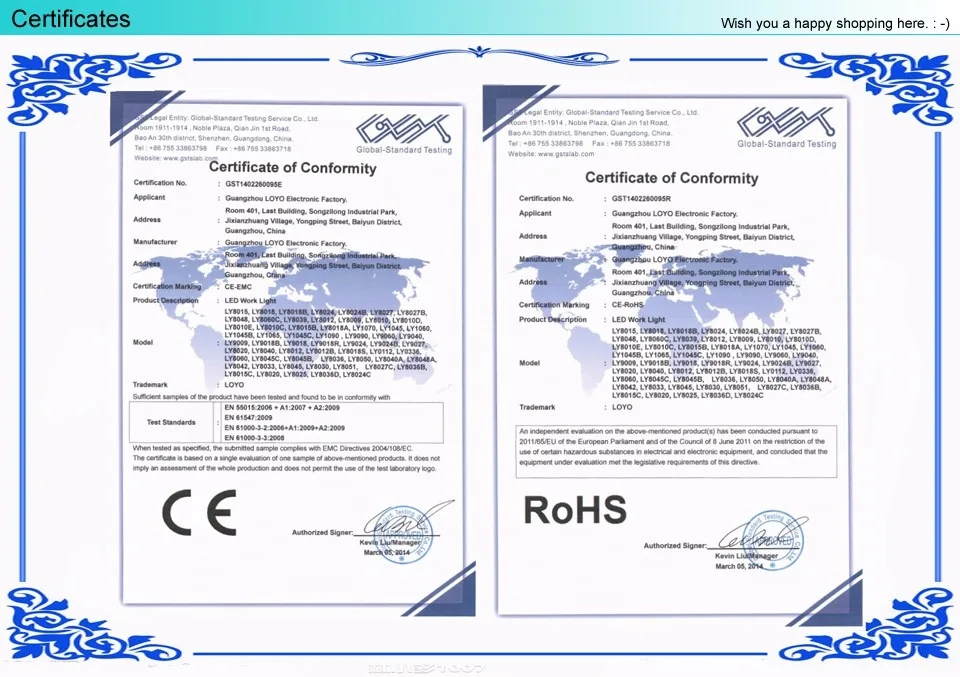 LED WORKLIGHT CERTIFICATES