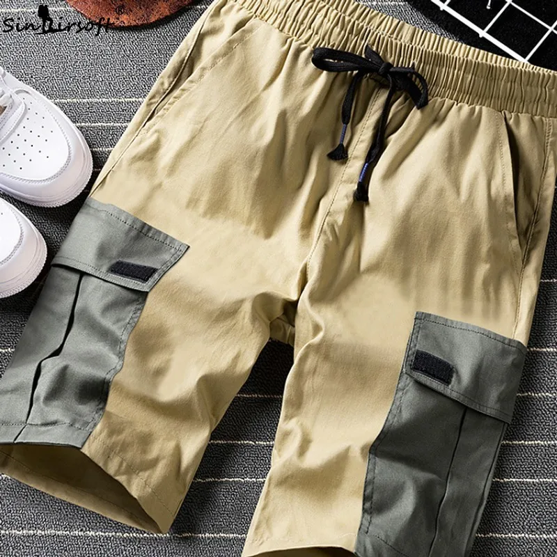 

Men's Cotton Patchwork Shorts Casual Drawstring Waist Shorts Male Straight Loose Side Big Pockets Spliced Summer Trousers Hot