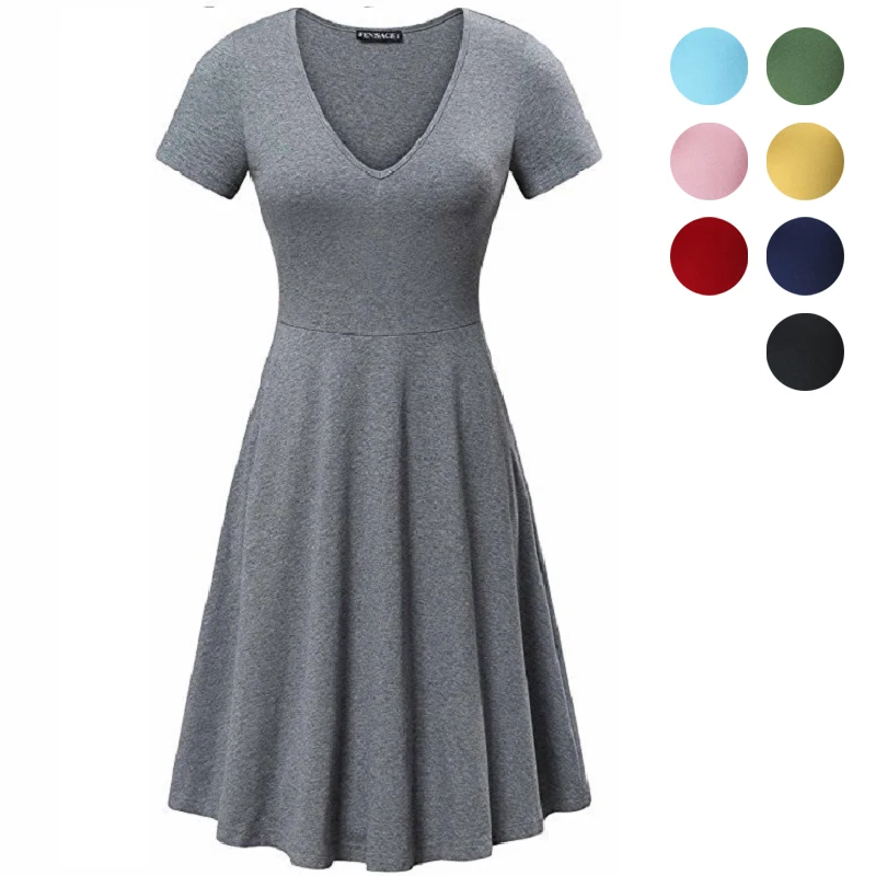

2019 Summer Short Sleeves Cotton Dress women solid modal sundress v neck A-Line holiday vestidos de fiesta large size work dress