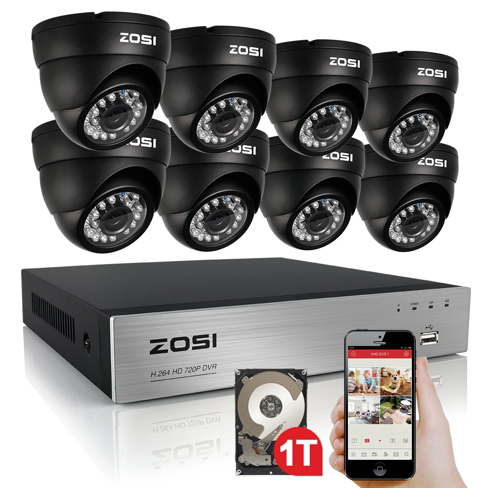 ZOSI HD 8CH 720P CCTV System with 1TB Hard Drive 8PCS 1200TVL Home Security Waterproof Night Vision Camera Surveillance Kits