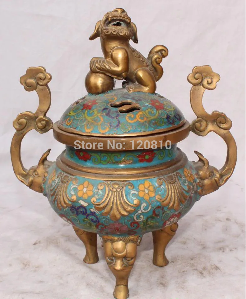 

10" Marked Chinese Cloisonne Enamel Gilt Foo Fu Dog Lion Beast Incense Burner statue