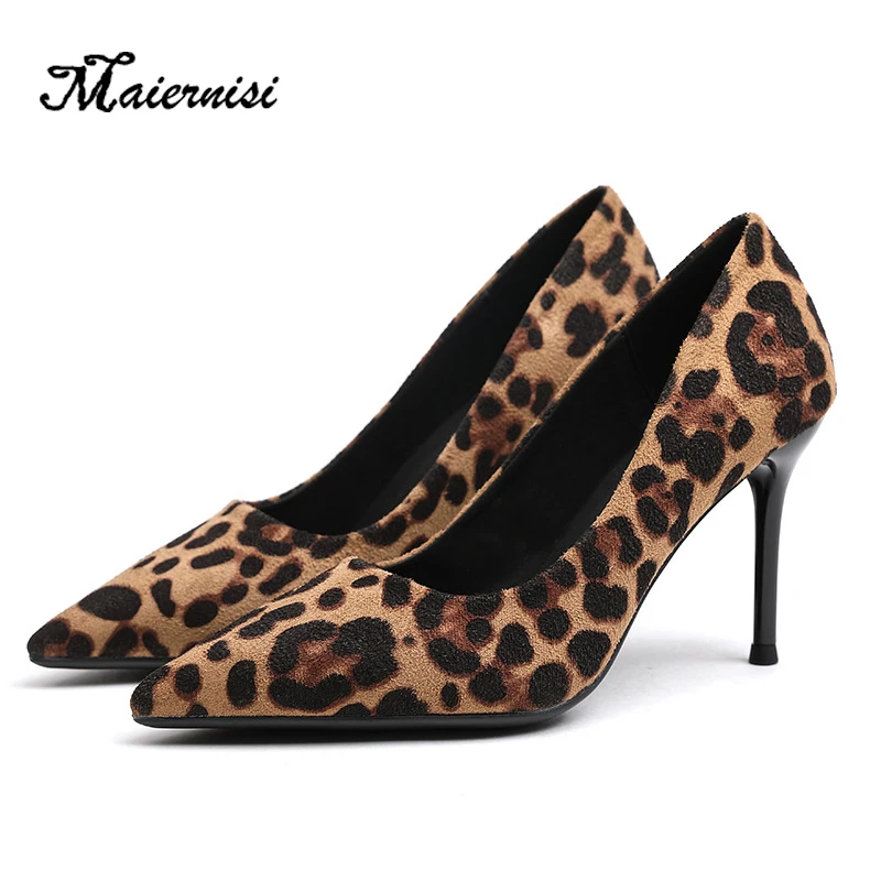 

MAIERNISI Spring Newest Thin Heels Shoes Woman Sexy Pointed Toe Leopard Printed Dress Shoes Lady Fashion Pumps Fashion