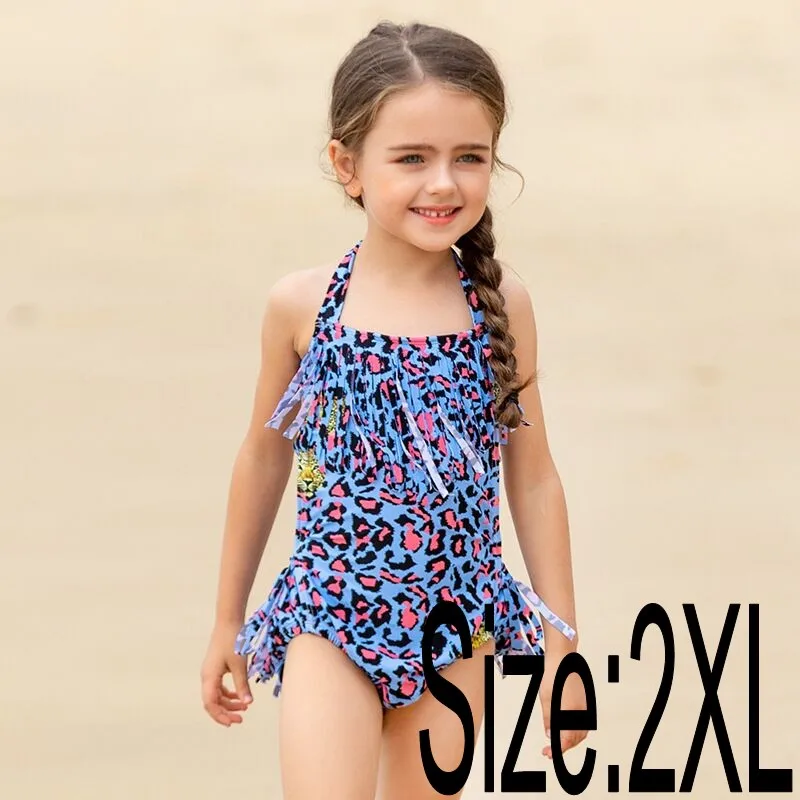 Милый детский купальник с бахромой и леопардовым принтом; цельный купальник для маленьких девочек; одежда для отдыха; пляжный купальный костюм; Новинка - Color: blue  2XL