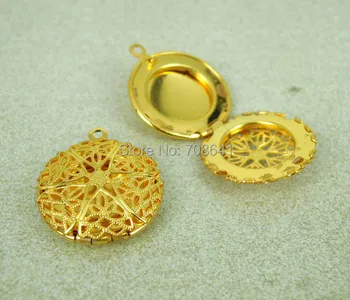 

20x5mm Golden tone Plated Brass Mini Circle Round Filigree Essential Oil Aromatherapy Diffuser Perfume photo Locket Pendant