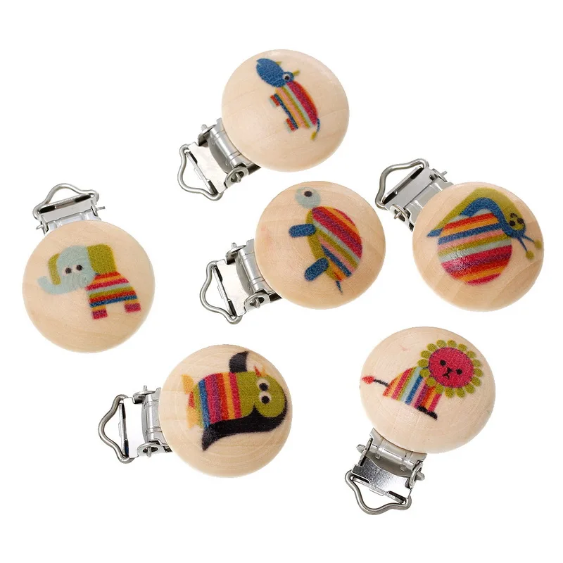 

Hot Fashion Animal Printed Random Mixed 29x44mm Cute Baby Pacifier Clips Natural Color Wood Metal Holders 5PCs/lot