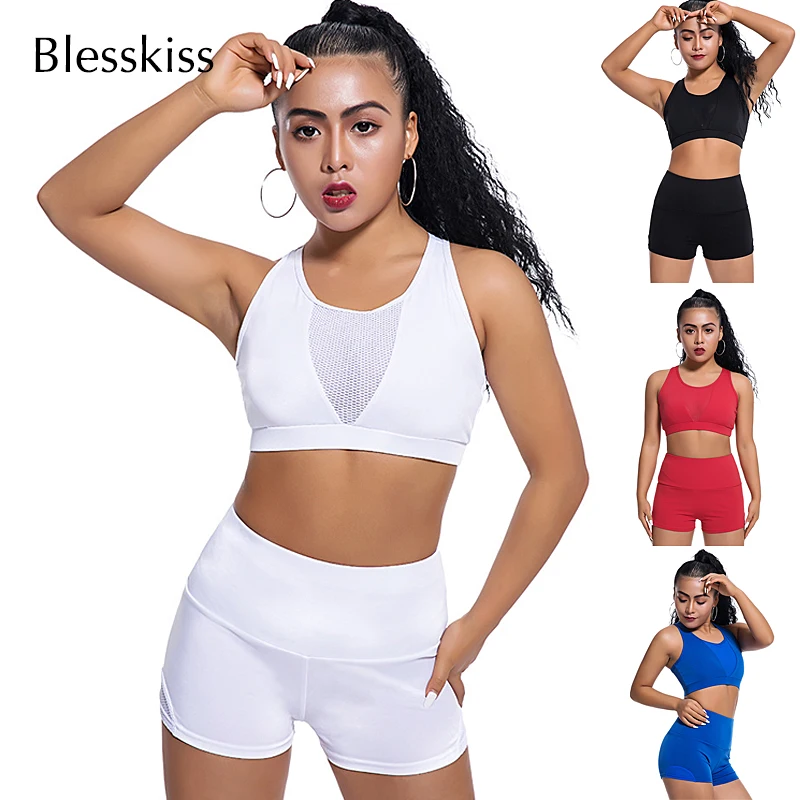 

BLESSKISS Yoga Set Fitness Women Gym Sport Shorts High Waist Bottom And Mesh Bra Top Sport Suit Workout Clothing Sportswear
